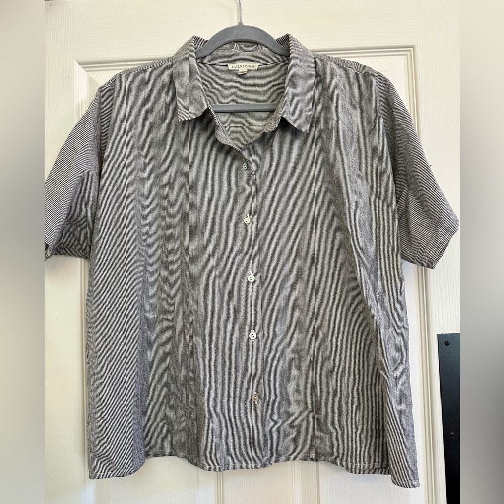 Eileen Fisher Organic Cotton Linen Ticking Stripe Shirt - Picture 4 of 10